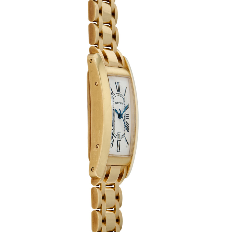 Gold-toned rectangular watch with white dial, Roman numerals, and linked bracelet strap.