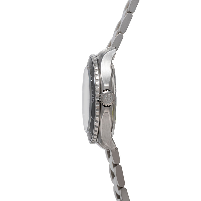 Silver-tone stainless steel dive watch with rotating bezel, Arabic numerals, and matching bracelet shown from side profile.