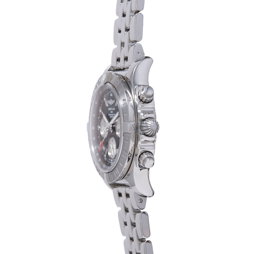 Stainless steel chronograph watch with black dial, subdials, and metal bracelet shown from the side.