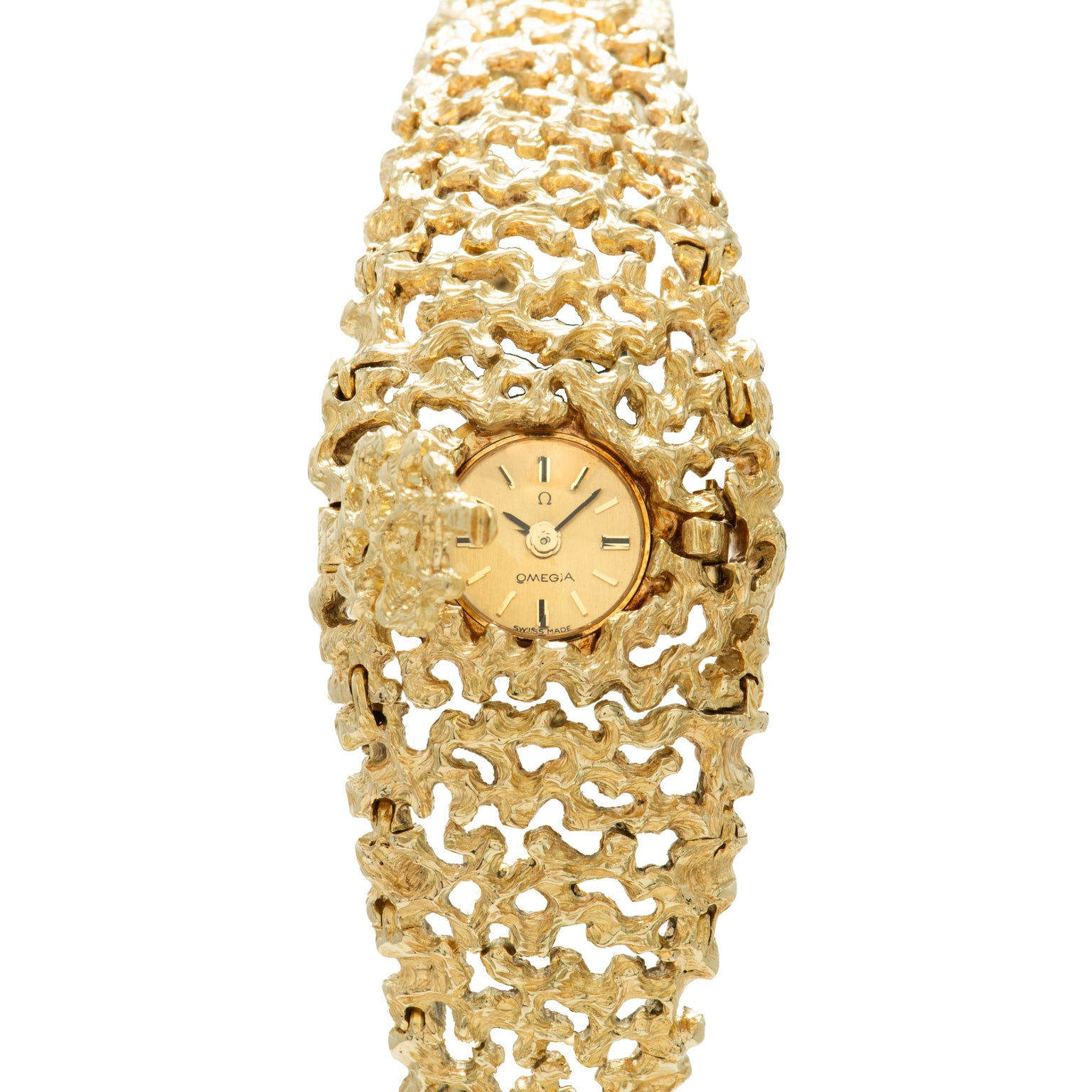 Gold-tone Omega bracelet watch with textured organic pattern and circular dial with index markers.
