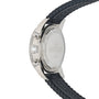 Side view of a Breitling SuperOcean Heritage Chronograph 44 showing the stainless steel case back with logo and engraving, black textured rubber strap with BREITLING embossing, plus visible crown and chronograph pushers.