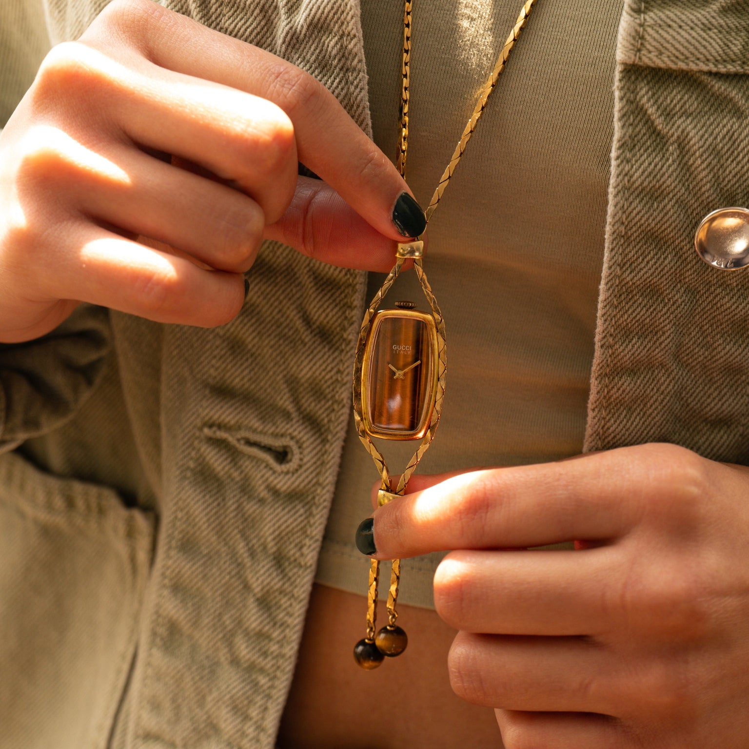 Gucci Tiger's Eye Sautoir Timepiece Necklace