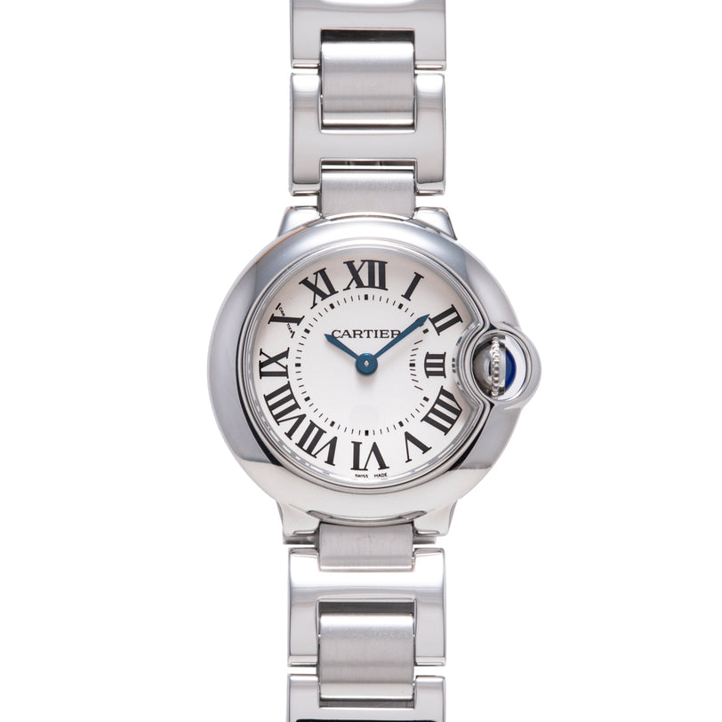Stainless steel watch with white dial, Roman numerals, blue hands, and blue sapphire crown on matching bracelet.