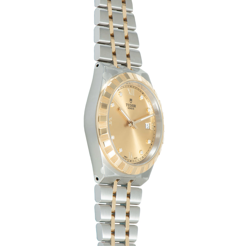 38mm steel and gold watch with champagne dial, diamond hour markers, and two-tone bracelet.