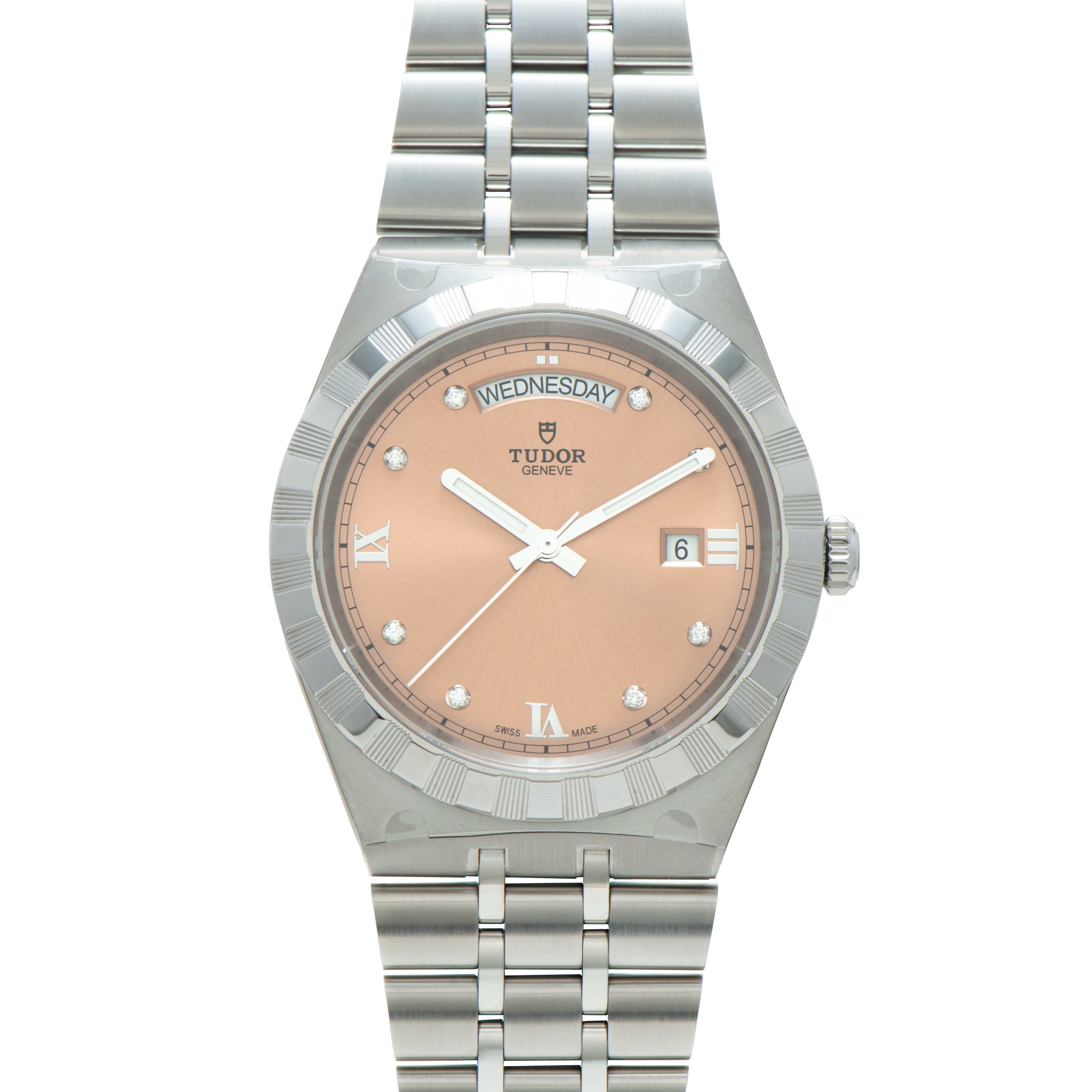 Steel watch with pink dial, day-date window, diamond hour markers, white hands, and three-link metal bracelet.