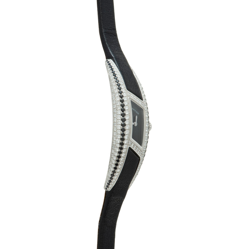 Cartier Himalia watch with black leather strap and white metal case set with diamonds and black stones.
