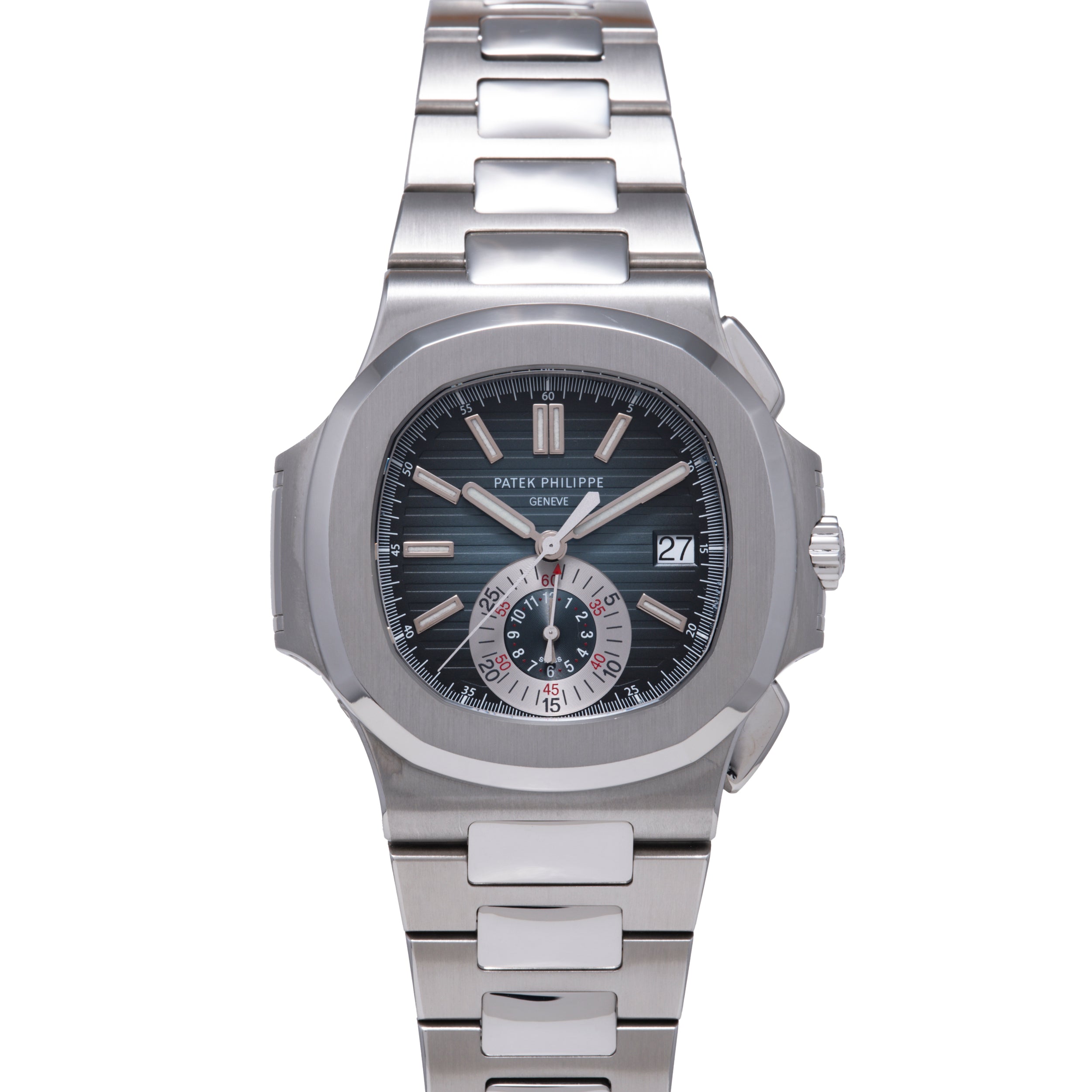 Stainless steel watch with dark blue dial, chronograph subdial, date window, and matching metal bracelet.