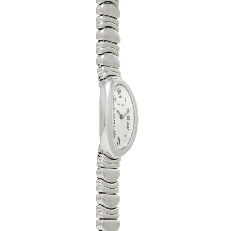 Cartier Baignoire stainless steel watch with oval white dial, Roman numerals, and segmented metal bracelet.