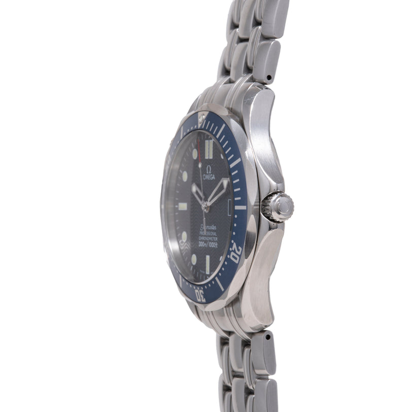 Stainless steel watch with dark blue dial, white hour markers, and matching blue bezel on metal bracelet.