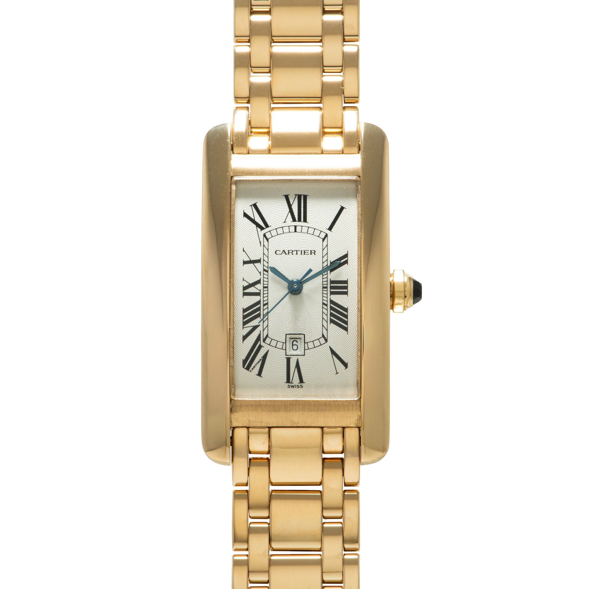 Gold-tone rectangular watch with cream dial, Roman numerals, blue hands, date window, and matching link bracelet.
