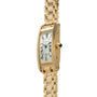 Gold-toned rectangular watch with white dial, Roman numerals, blue hands, and matching link bracelet.