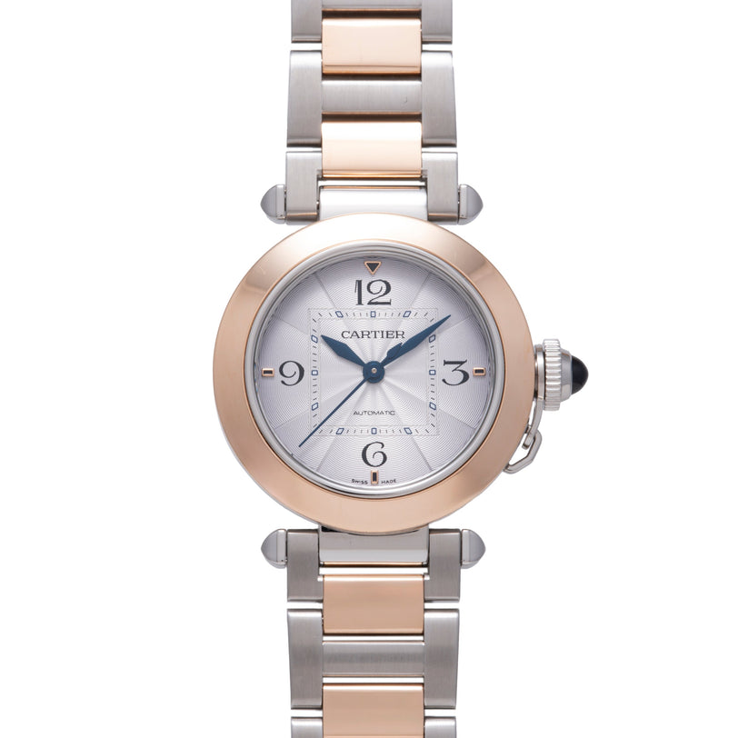 Cartier Pasha de Cartier two-tone watch with rose gold and steel case, silver dial, Arabic numerals, and matching bracelet.