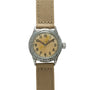 Elgin military watch with weathered steel case, cream dial with Arabic numerals, and tan fabric strap.