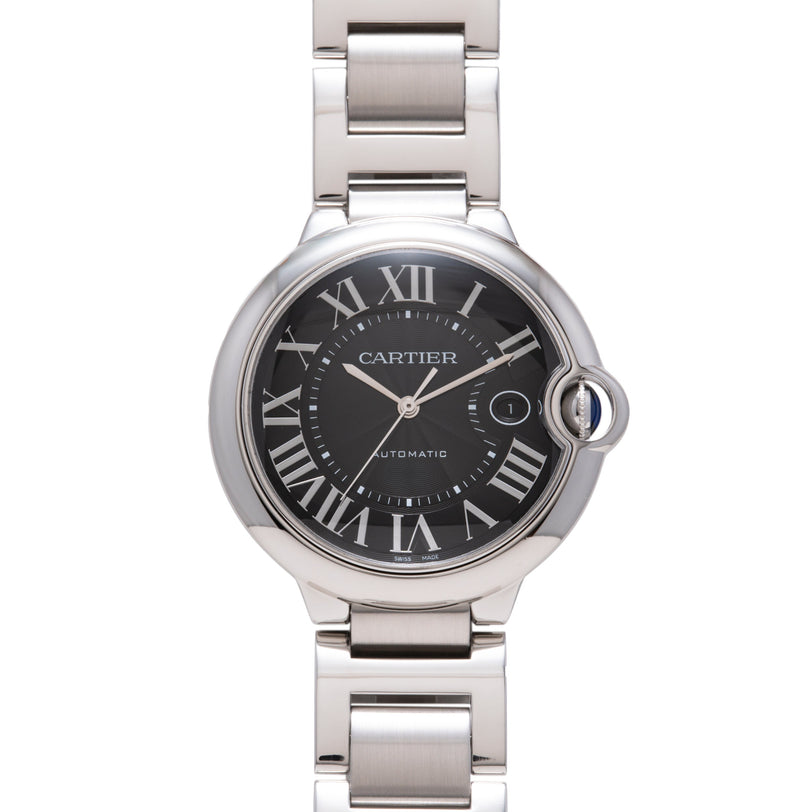 Stainless steel Cartier Ballon Bleu watch with black dial, Roman numerals, date window, and matching steel bracelet.