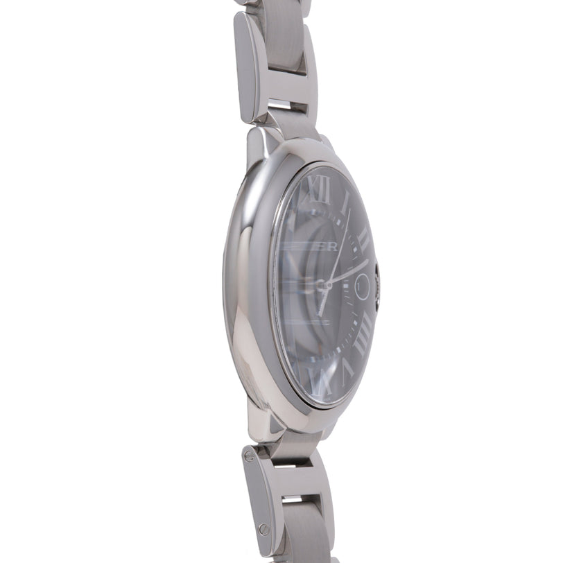 Stainless steel watch with round dark dial, Roman numeral markers, and metal bracelet band.