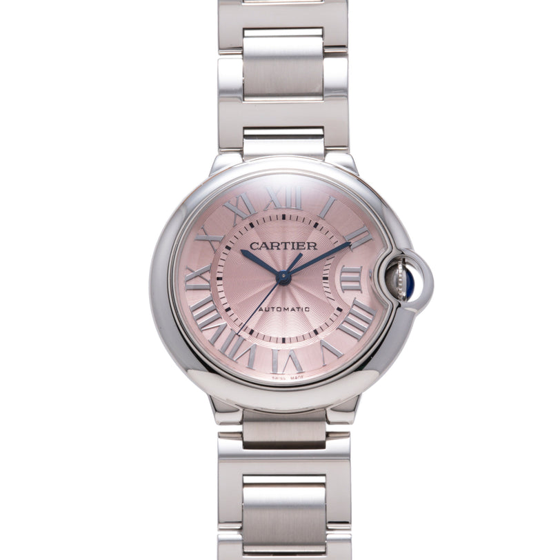 Cartier Ballon Bleu stainless steel watch with pink dial, Roman numerals, and matching bracelet.