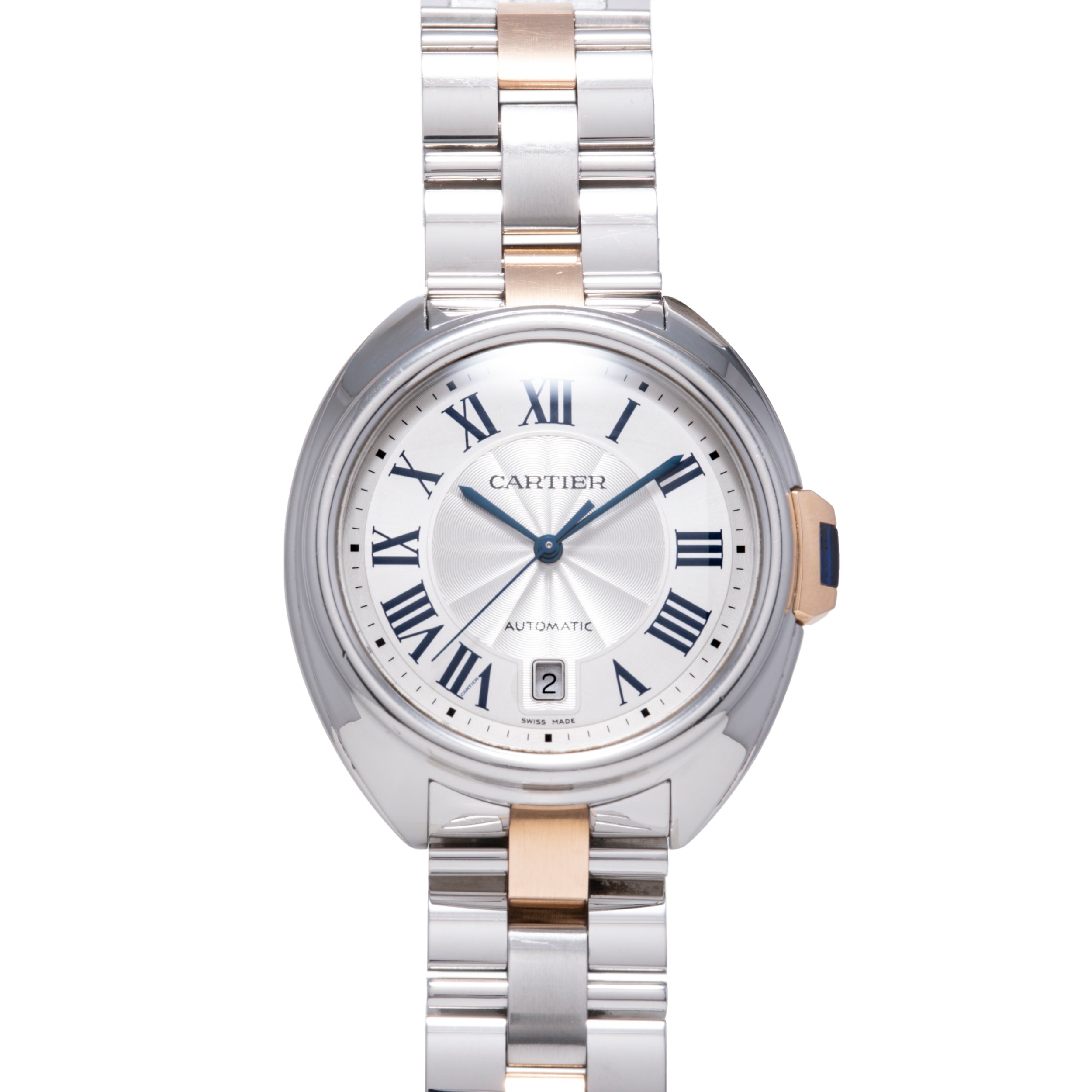 Two-tone stainless steel and rose gold watch with white dial, Roman numerals, and date window.