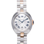 Two-tone stainless steel and rose gold watch with white dial, Roman numerals, and date window.