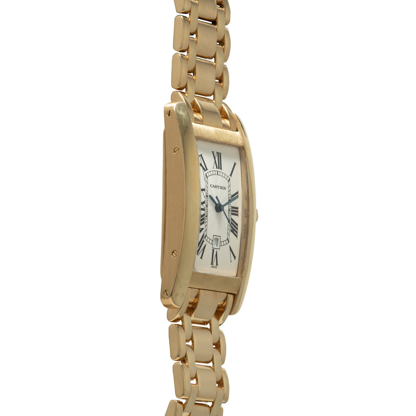 Gold-tone rectangular watch with white dial, Roman numerals, and linked bracelet strap.