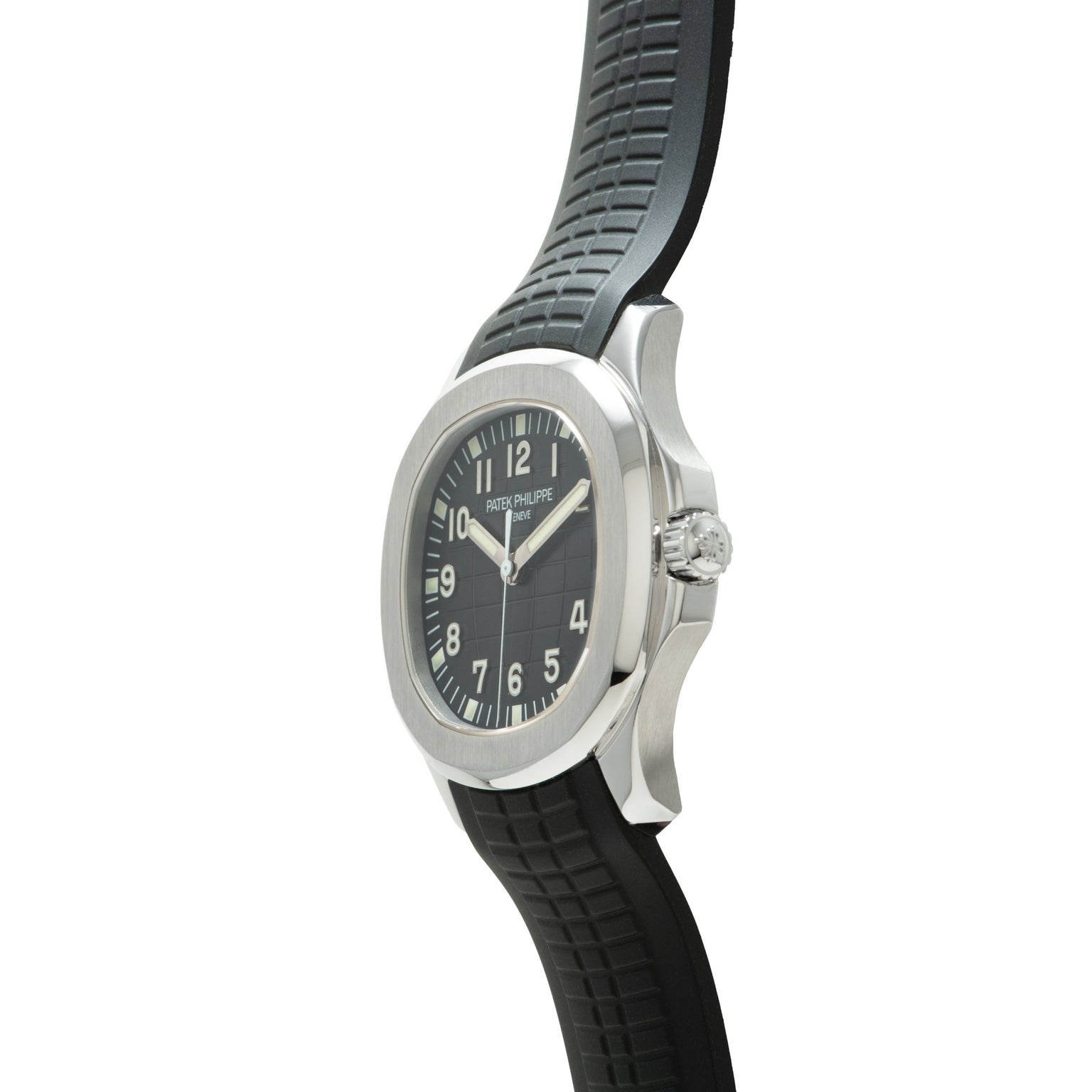 Stainless steel watch with black dial, Arabic numerals, and black rubber strap with quilted pattern.