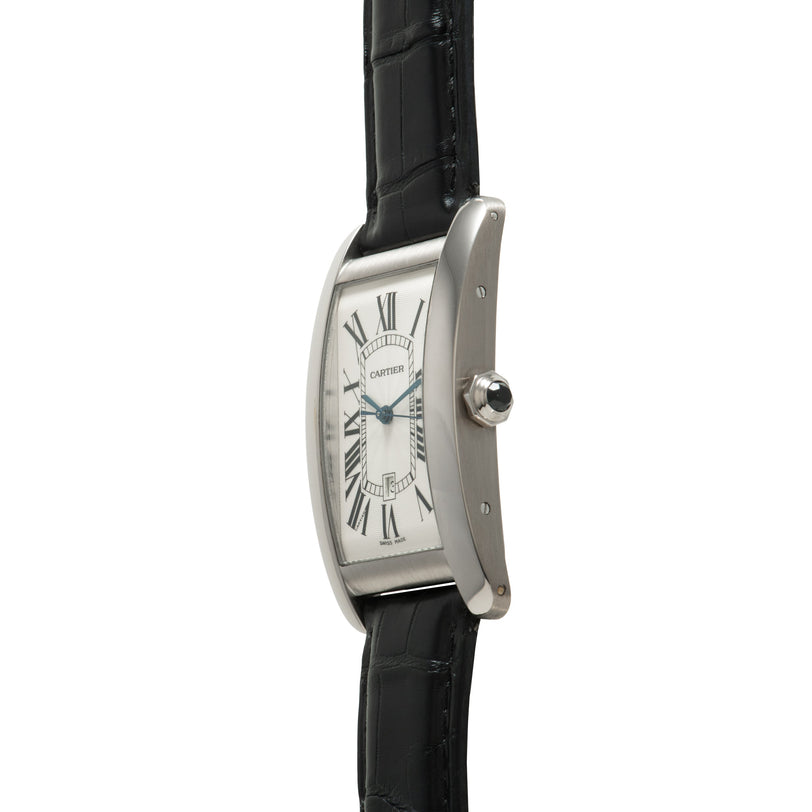 Silver rectangular watch with white dial, Roman numerals, blue hands, and black leather strap.