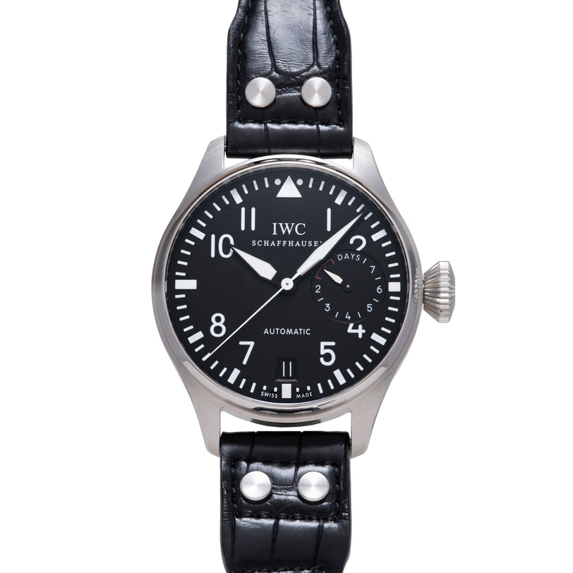 IWC stainless steel watch with black dial, Arabic numerals, day/date window, and black leather strap with metal rivets.
