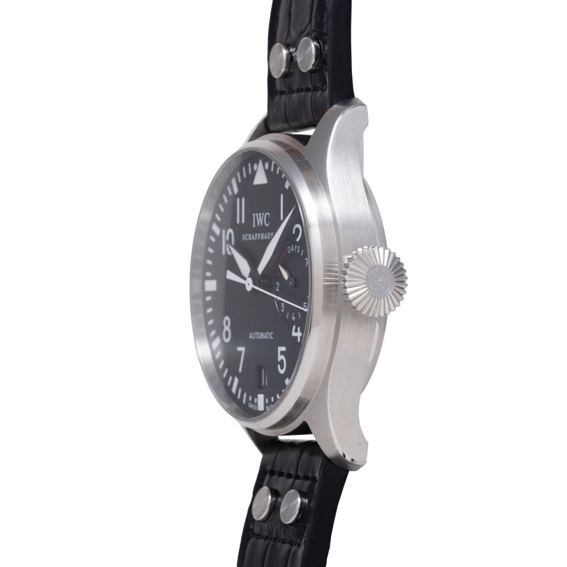 IWC Big Pilot watch with black dial, stainless steel case, and black leather strap with stitching.