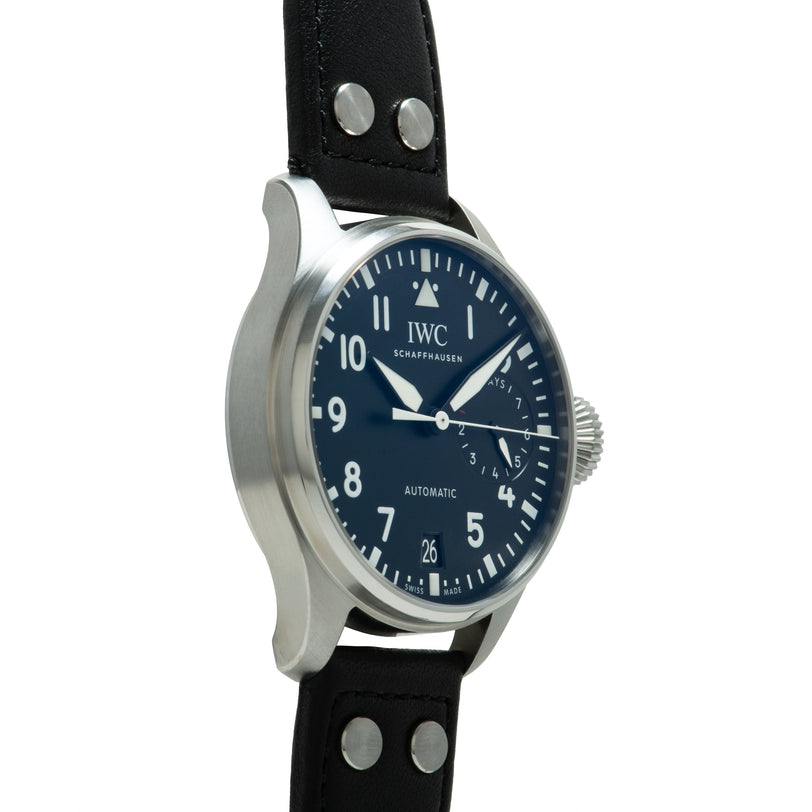 IWC Schaffhausen Big Pilot watch with dark blue dial, Arabic numerals, white hands, stainless steel case, and black leather s
