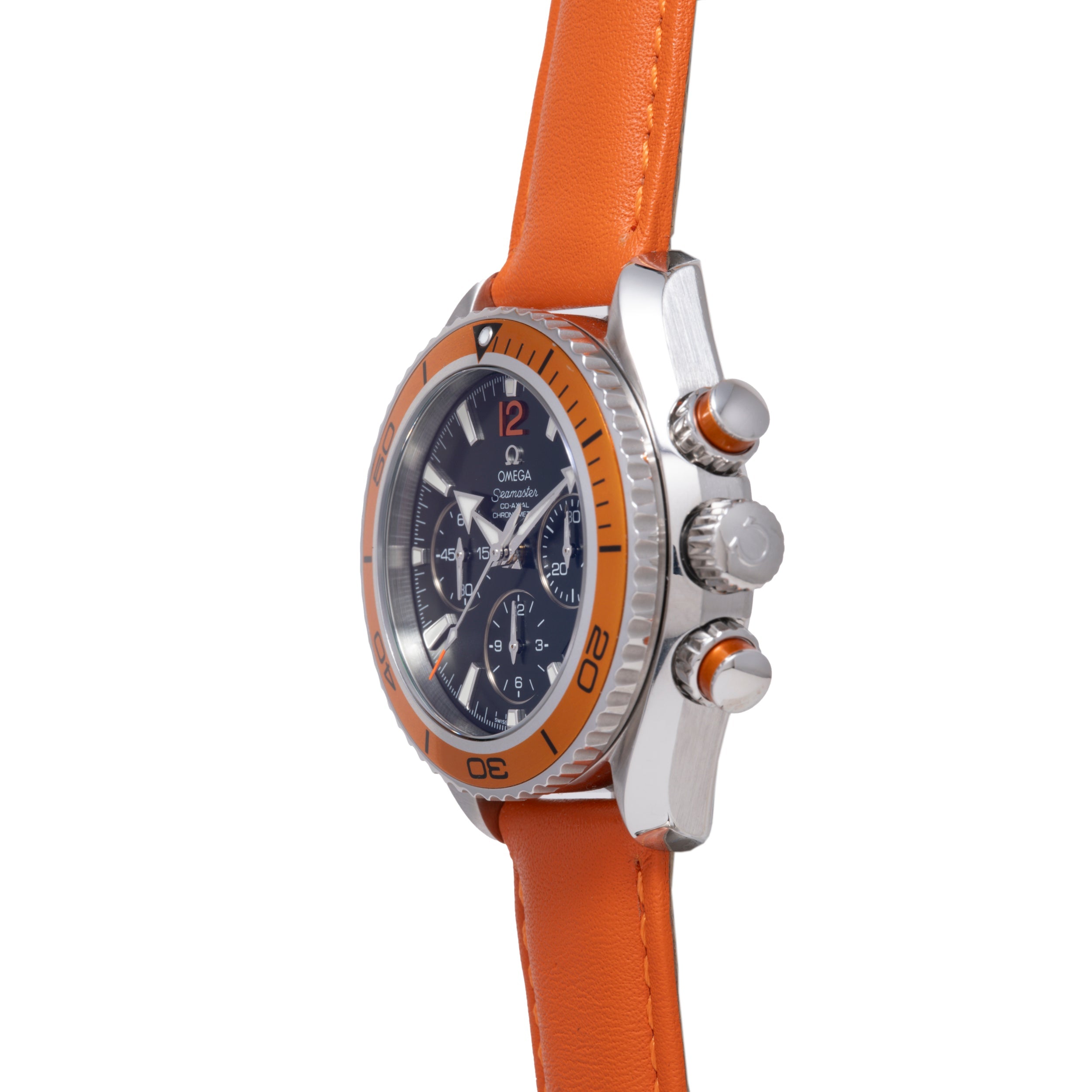 Omega Seamaster Planet Ocean chronograph watch with orange rubber strap, black dial, and orange bezel.