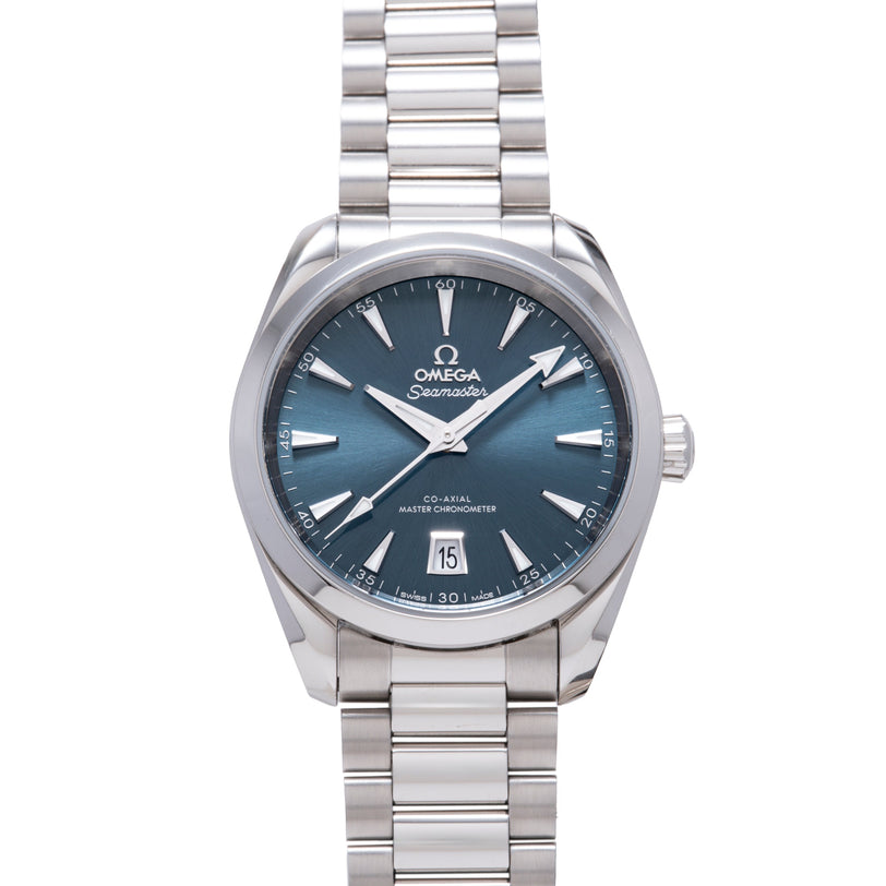 Omega Seamaster watch with blue dial, white hour markers, date window, and stainless steel bracelet.