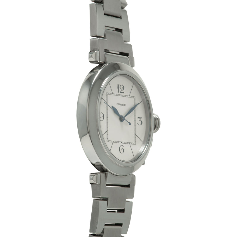Stainless steel watch with oval cream dial, Arabic numerals, blue hands, and matching metal bracelet.