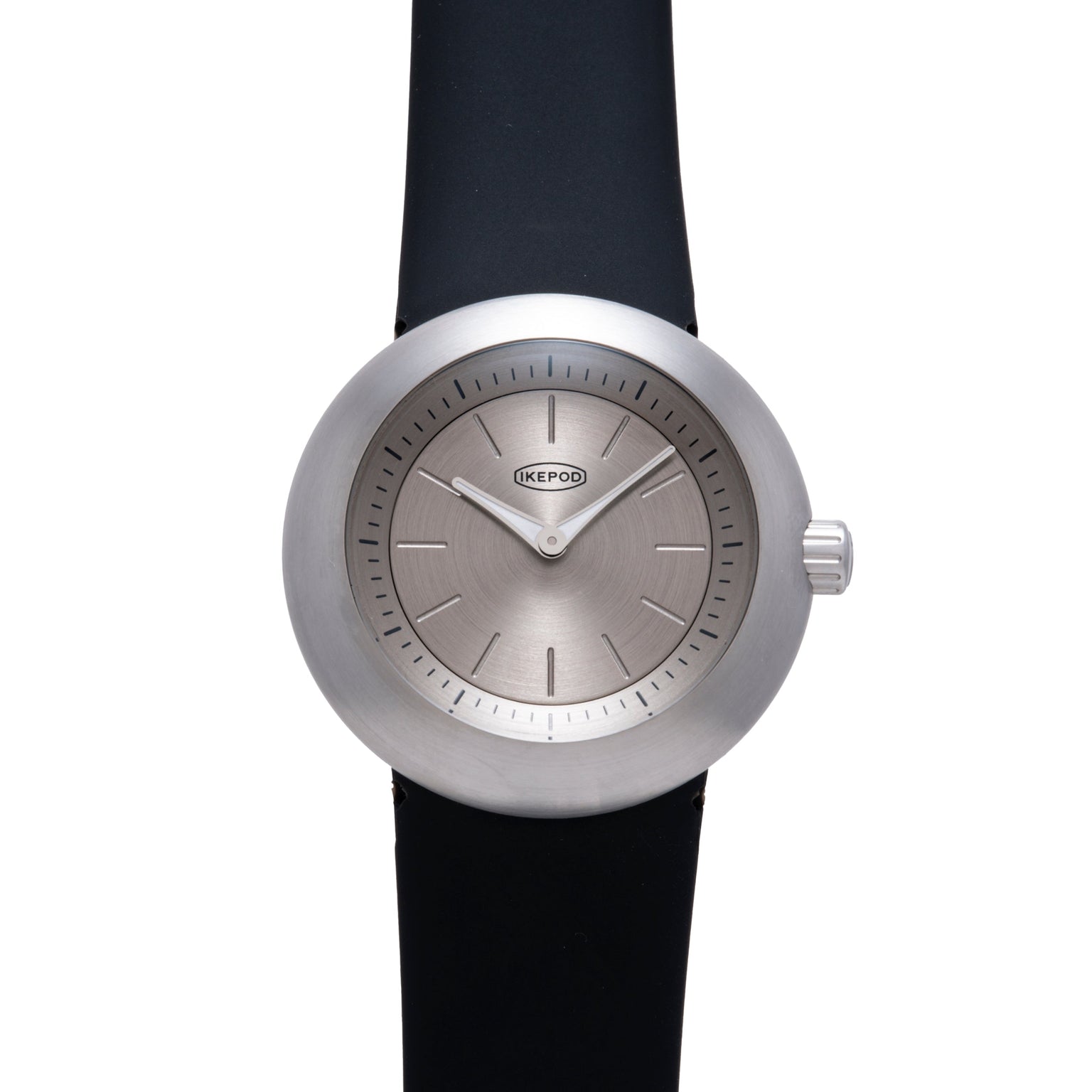 Ikepod Duopod watch with brushed silver round case, gray dial, silver hands, and black rubber strap.
