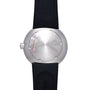 Round silver watch with brushed metal face, red indicator line, small gold dots, and black rubber strap.