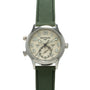 Steel watch with cream dial, Arabic numerals, dual time subdial, and green fabric strap.