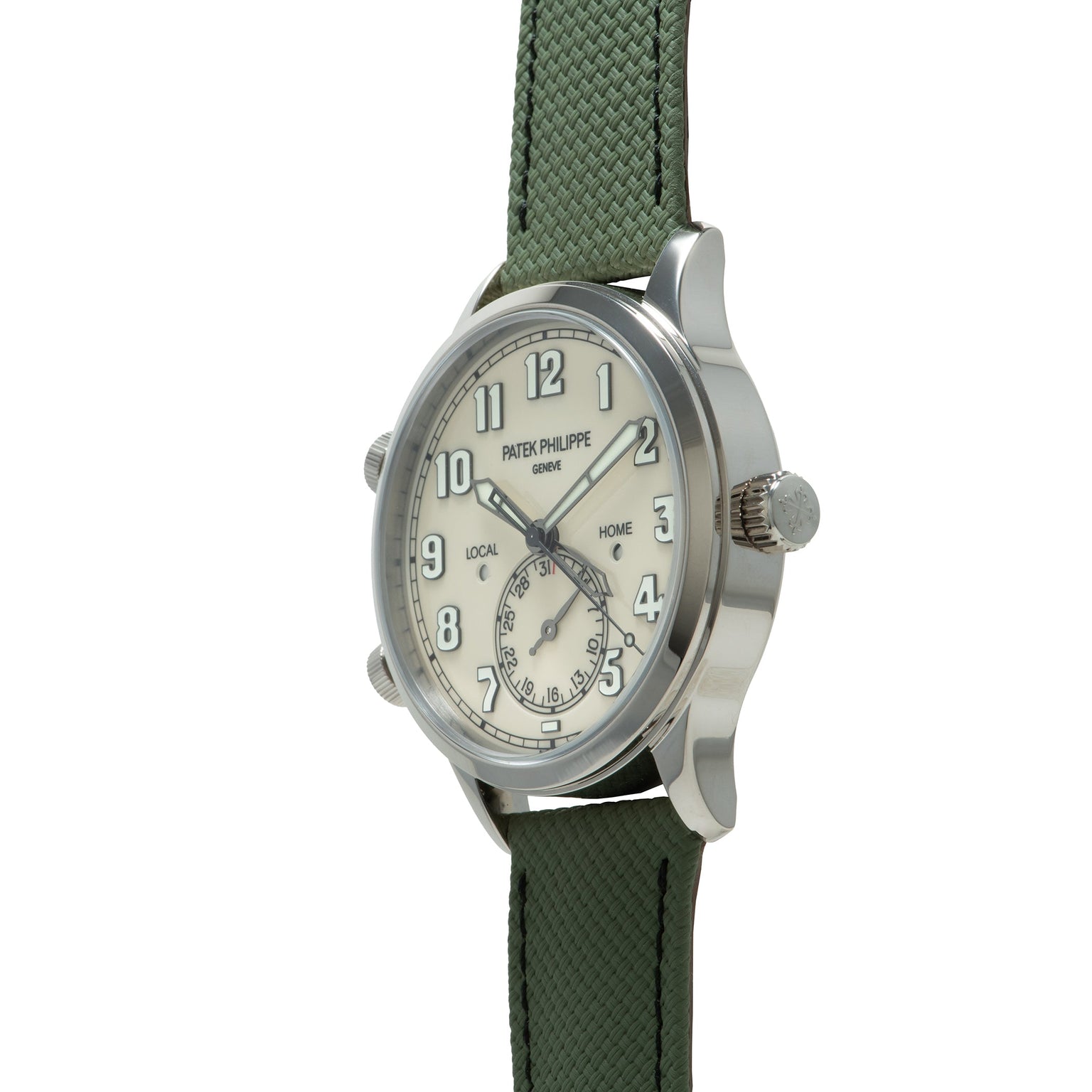 Silver-tone watch with cream dial, dual time zones marked "Local" and "Home," and green textile strap.