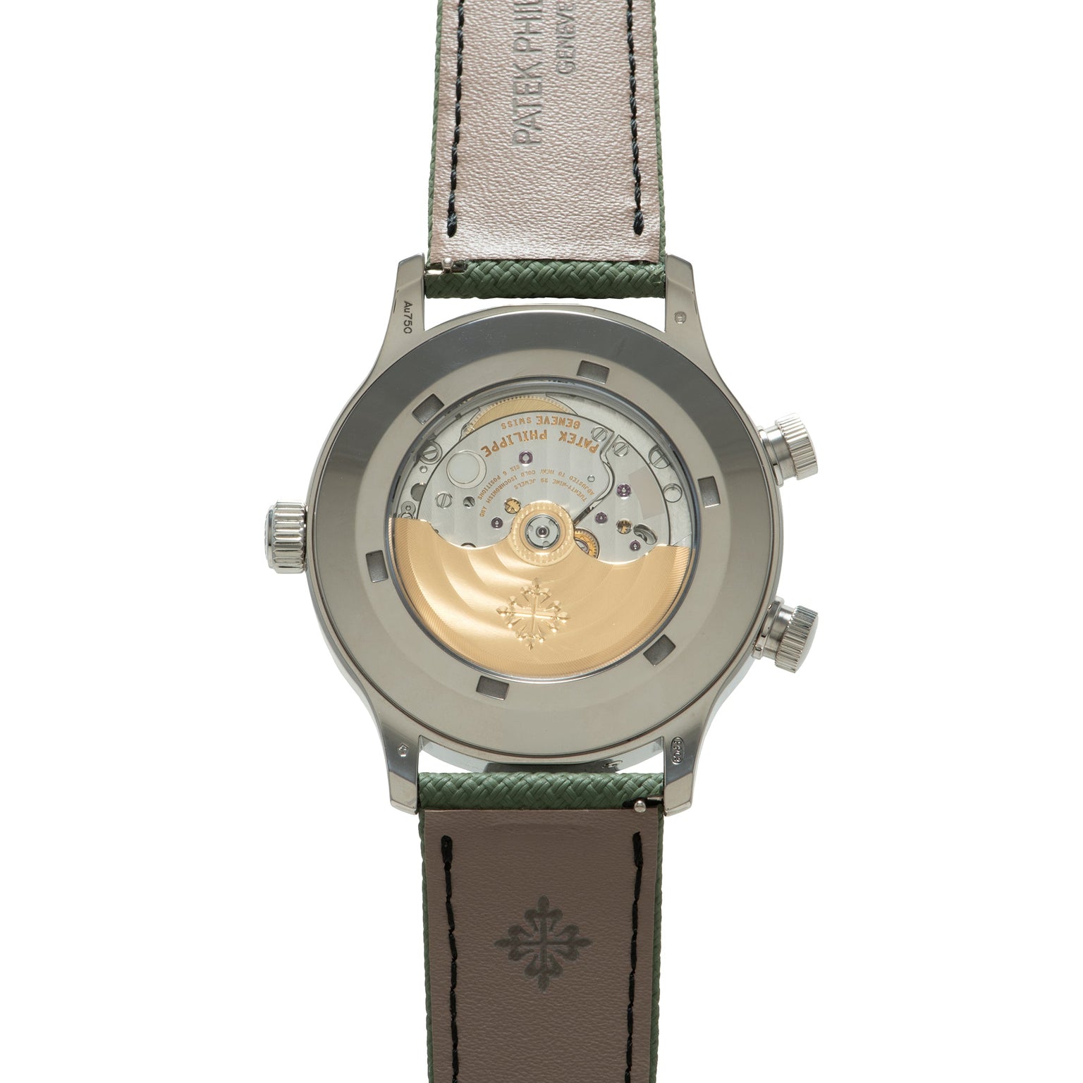 Stainless steel watch with transparent caseback displaying gold movement, green and brown leather strap with Patek Philippe b