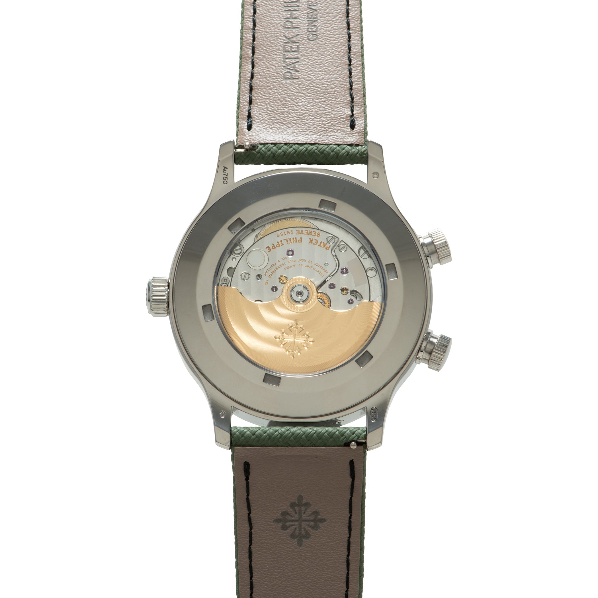 Stainless steel watch with transparent caseback displaying gold movement, green and brown leather strap with Patek Philippe b