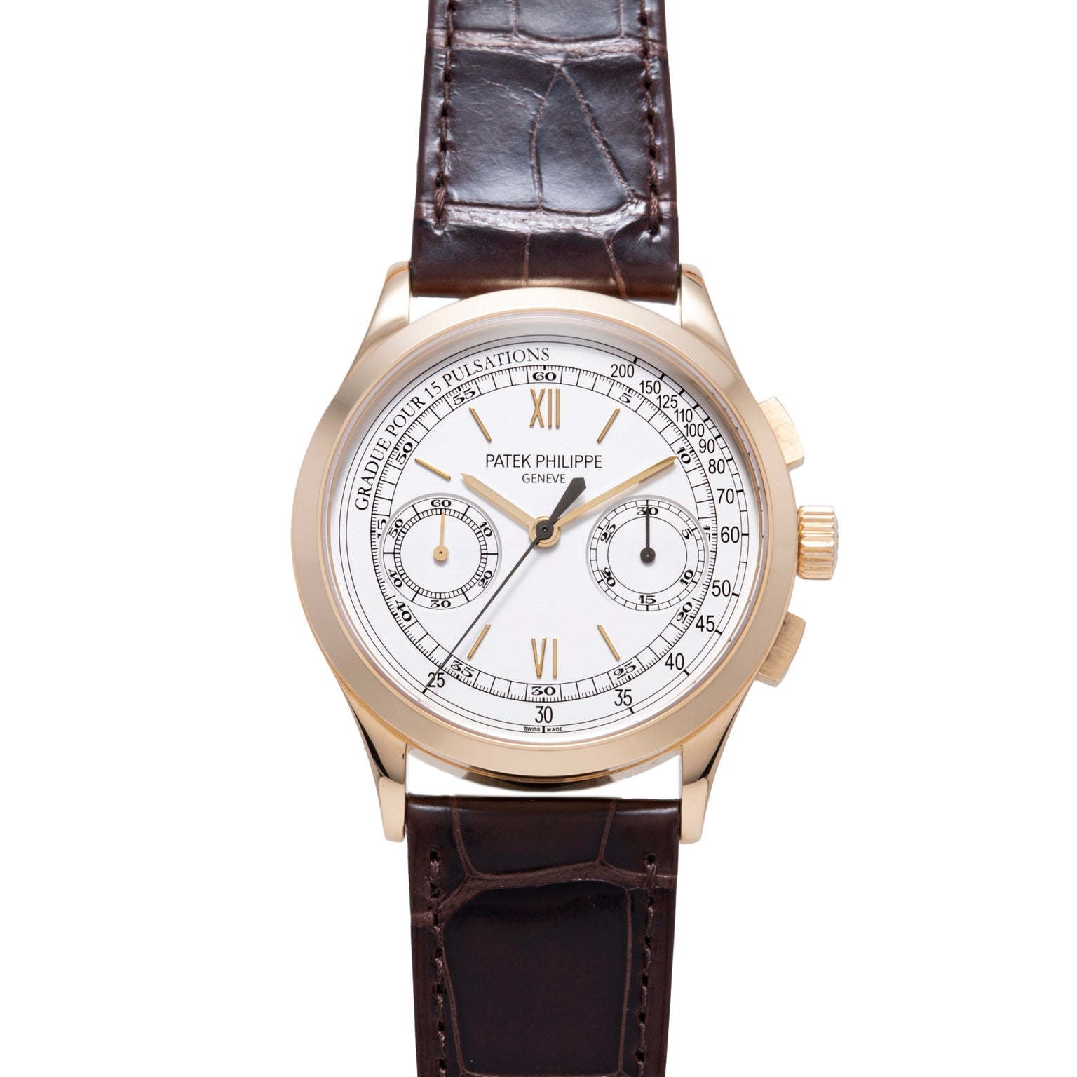 Rose gold chronograph watch with white dial, Roman numerals, two subdials, and dark brown leather crocodile strap.