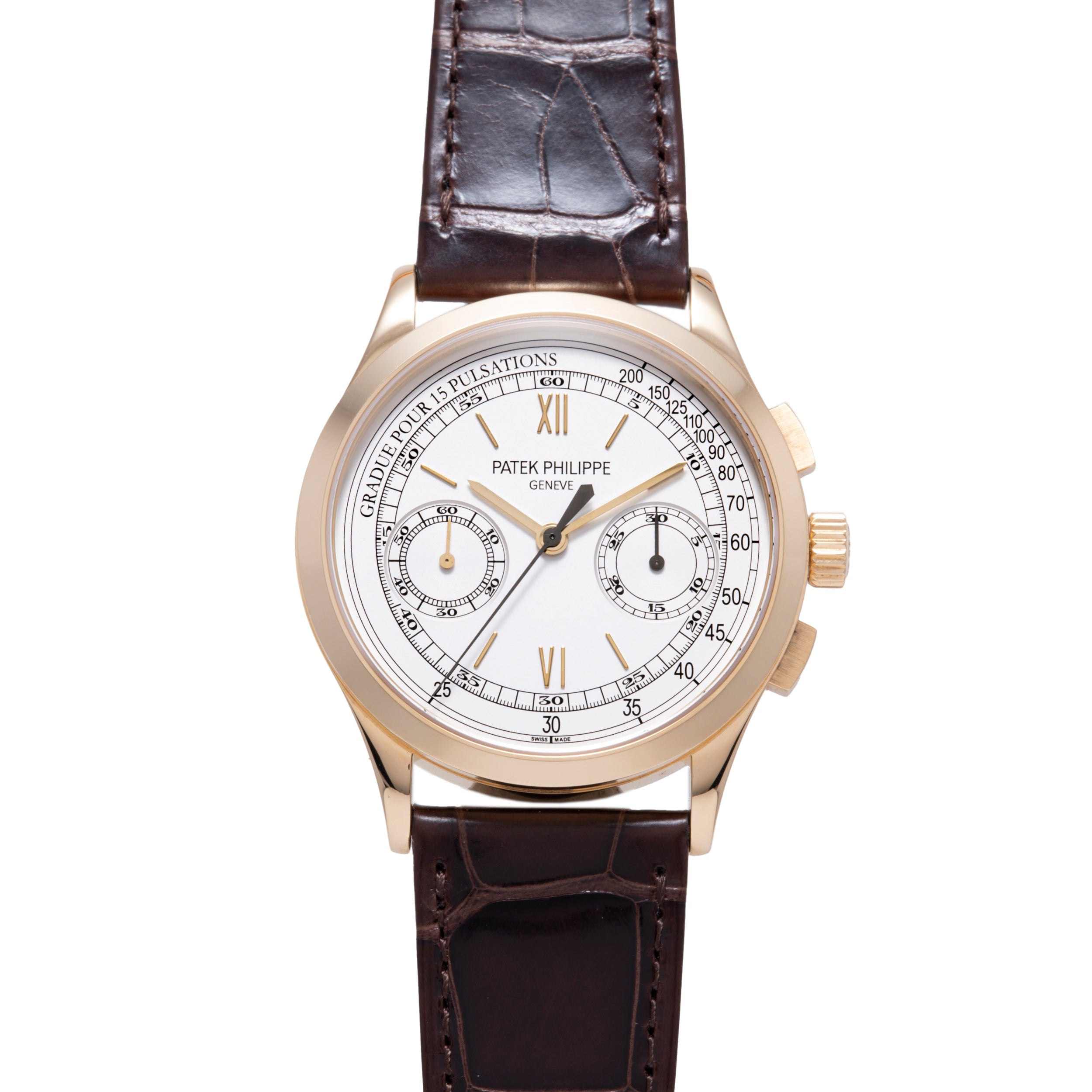 Rose gold chronograph watch with white dial, Roman numerals, two subdials, and dark brown leather crocodile strap.