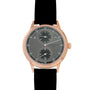 Rose gold watch with grey dial, regulator layout, two subdials, and black leather strap.