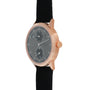 Rose gold watch with dark gray dial featuring three sub-dials, regulator layout, and black leather strap.