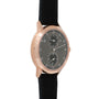 Rose gold watch with black dial, two subsidiary dials, regulator-style numerals, and black leather strap.