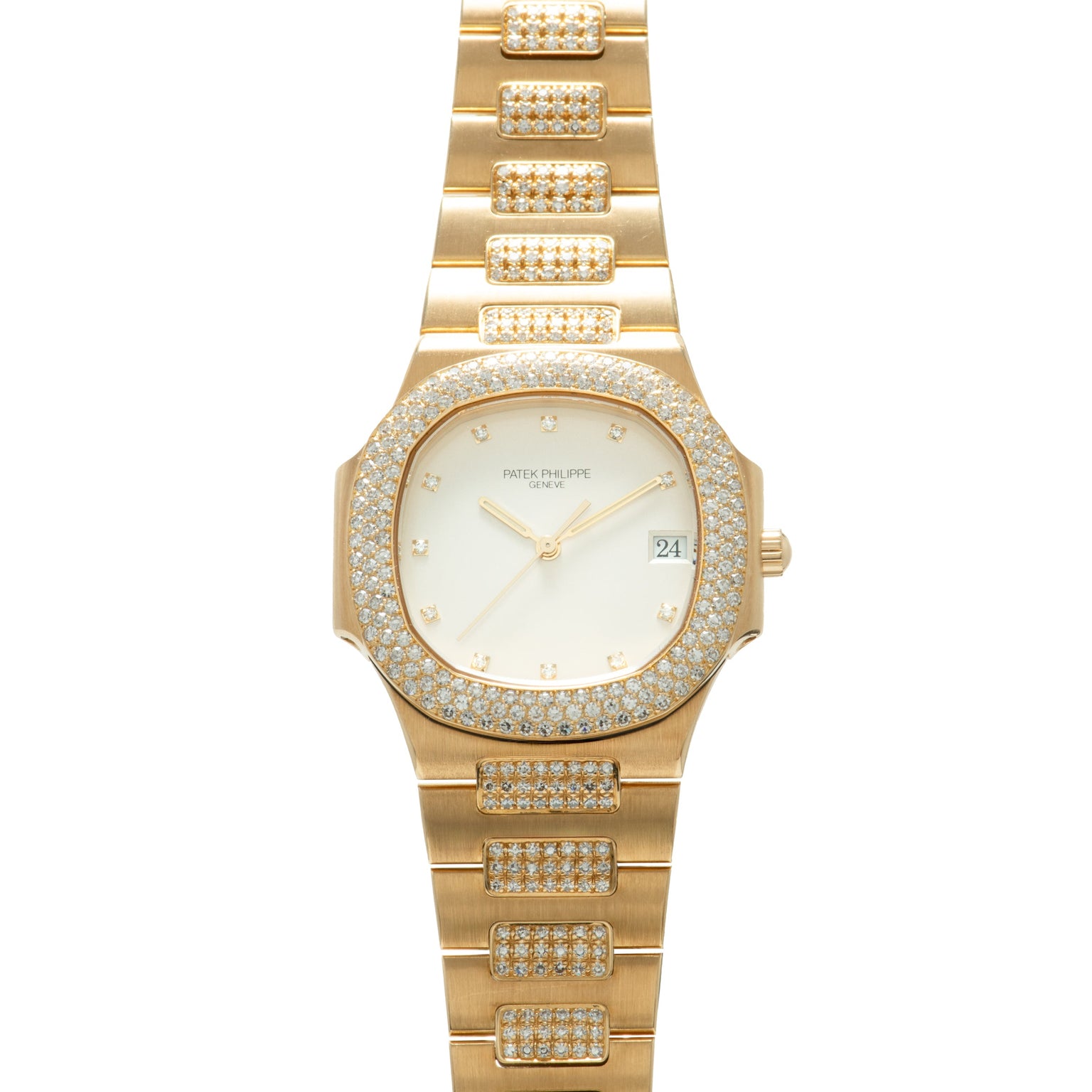 Yellow gold Nautilus watch with cream dial, diamond-set bezel and bracelet links, date window, and gold-tone hands.