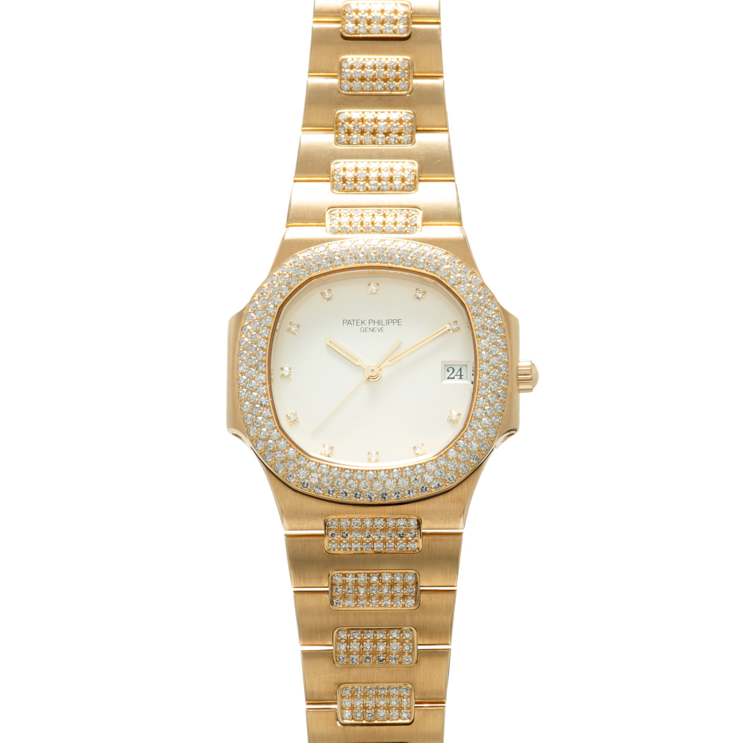 Yellow gold Nautilus watch with cream dial, diamond-set bezel and bracelet links, date window, and gold-tone hands.