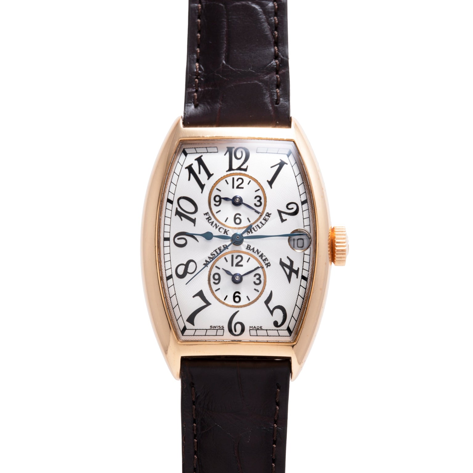 Franck Muller Master Banker watch with rose gold tonneau case, white dial with dual subdials, Arabic numerals, and black leat