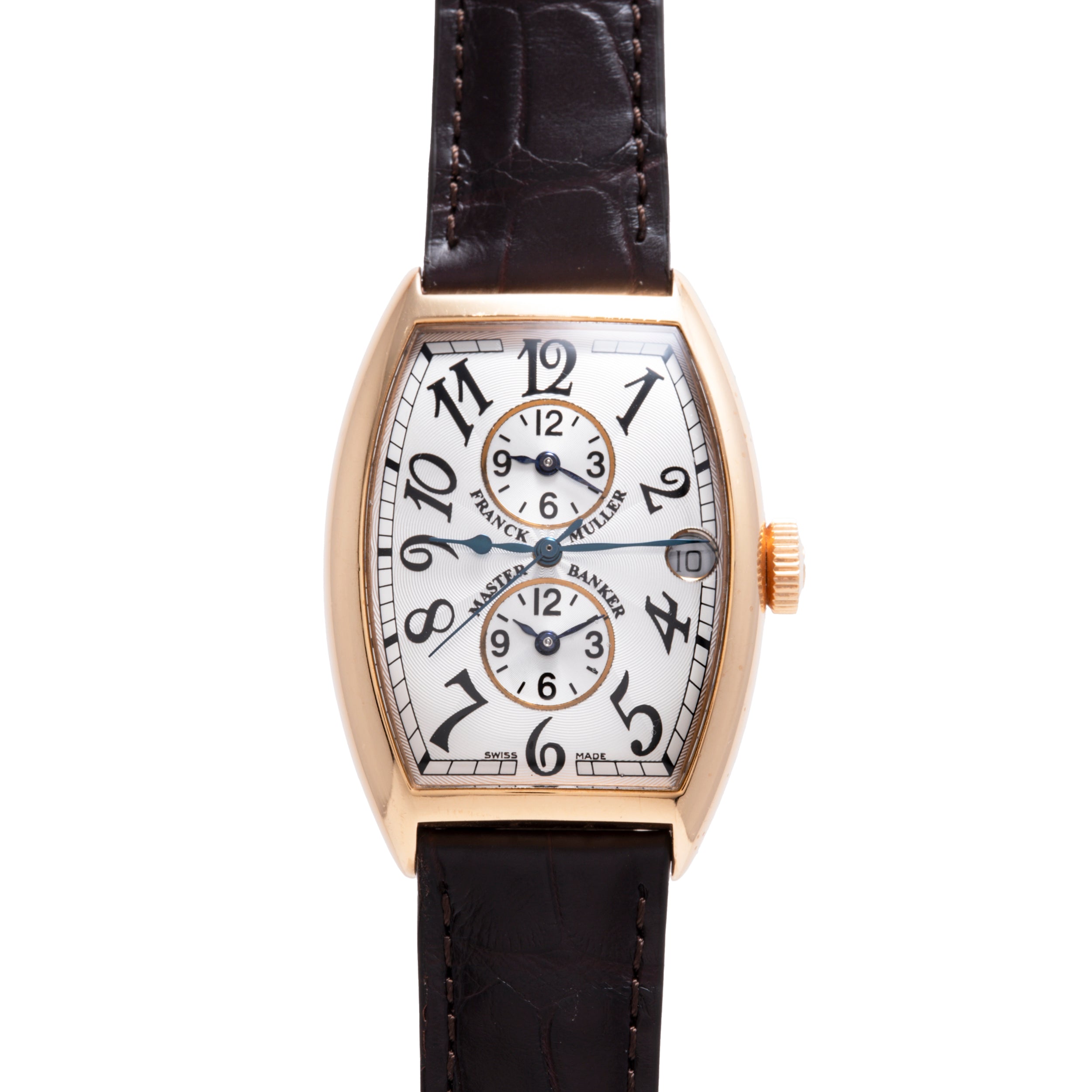 Franck Muller Master Banker watch with rose gold tonneau case, white dial with dual subdials, Arabic numerals, and black leat