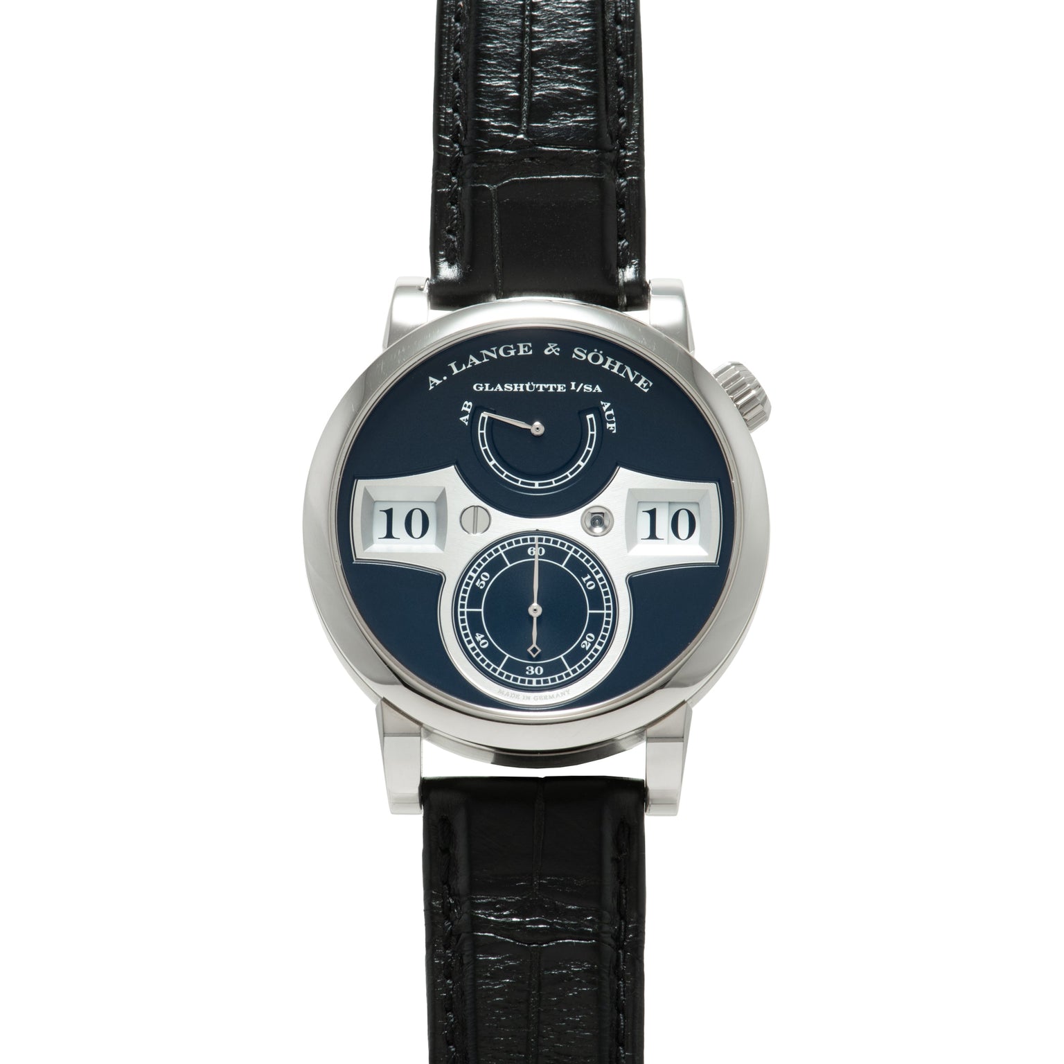 Silver-cased watch with dark blue dial featuring two white numeral windows displaying "10," a subsidiary seconds dial, and mo