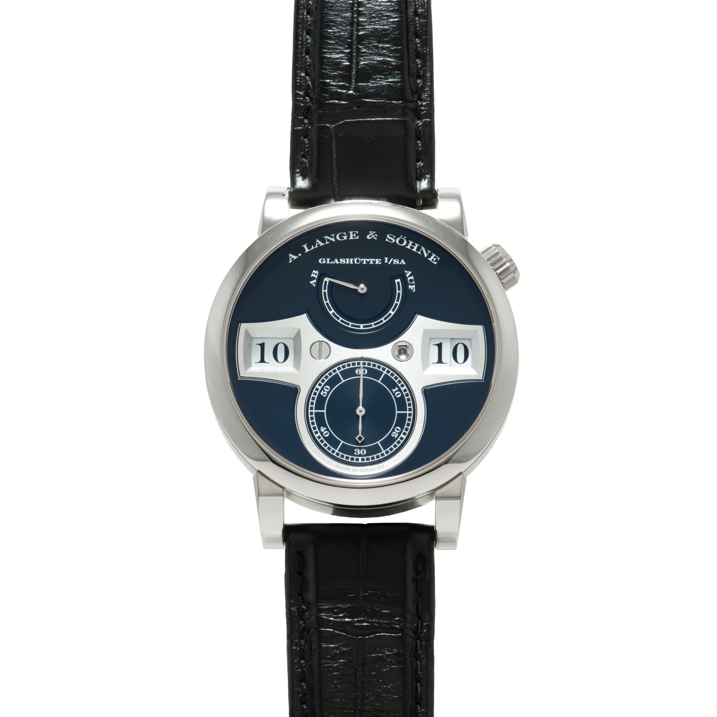 Silver-cased watch with dark blue dial featuring two white numeral windows displaying "10," a subsidiary seconds dial, and mo