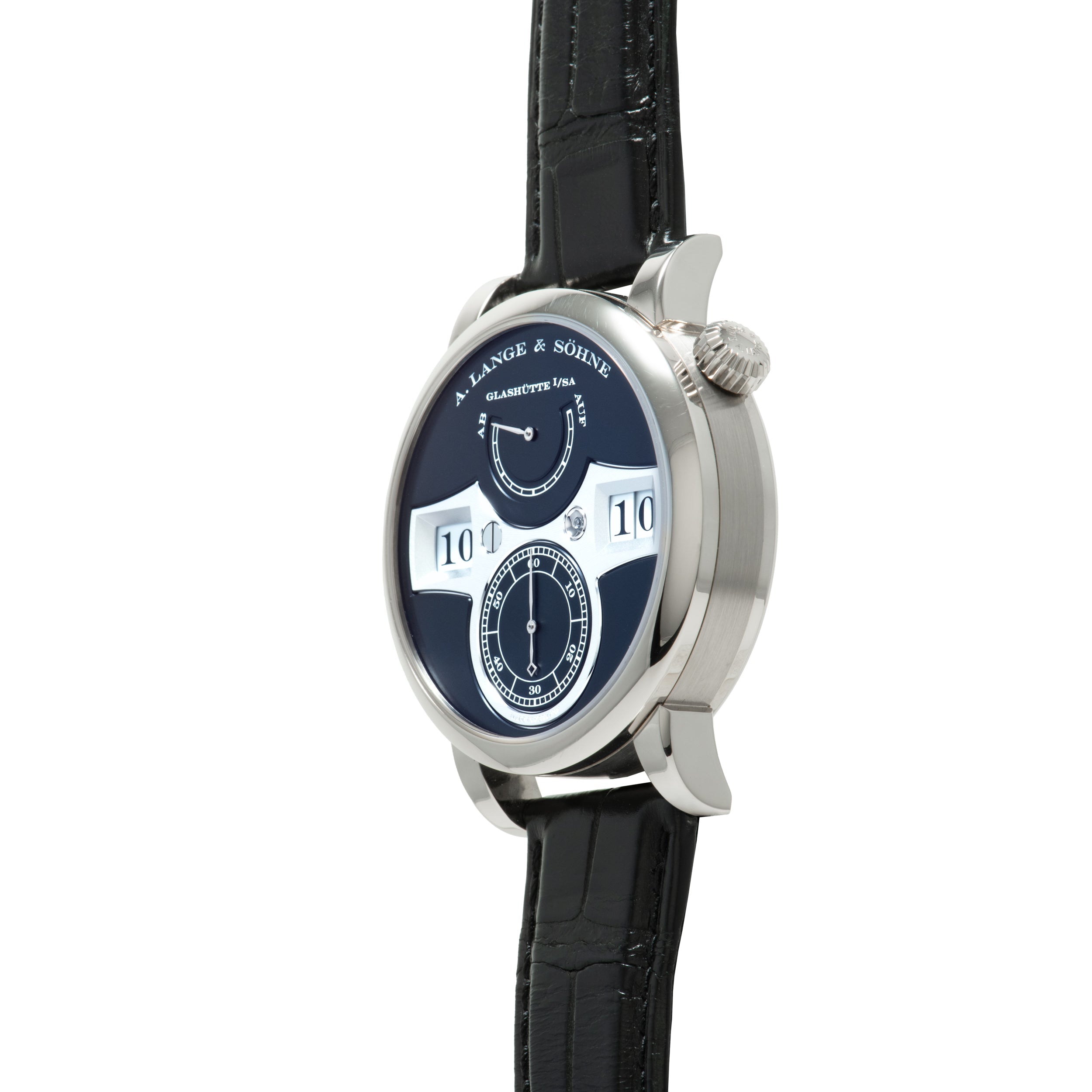 A. Lange & Söhne Zeitwerk watch with stainless steel case, dark blue dial, jump hour display, subsidiary dial, and black leat