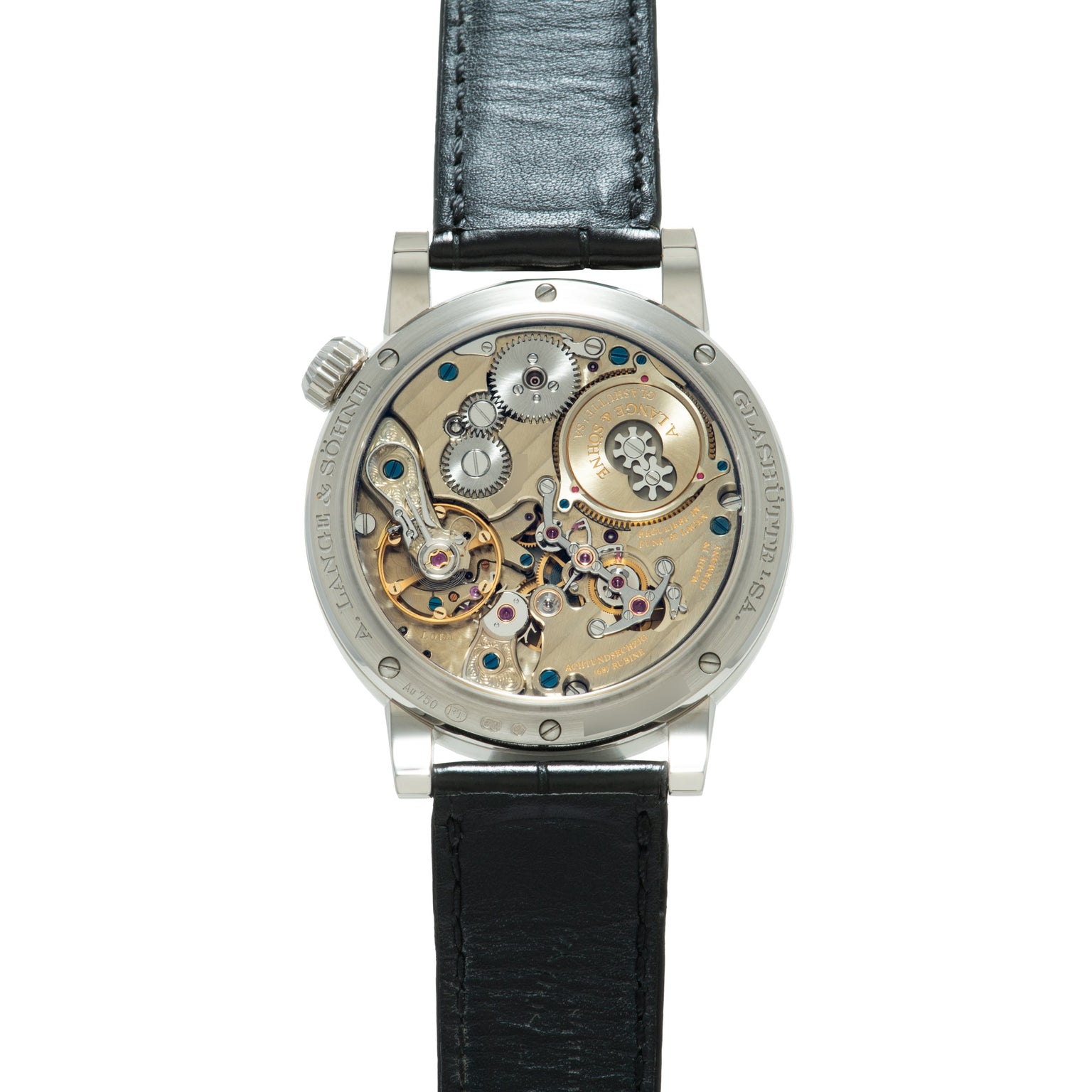 Silver-tone watch with exposed mechanical movement, blue leather strap, and visible gears and jewels on dial.